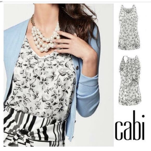 Cabi Terrace white gray floral ruffle back sleeveless top size Medium #5212 - Picture 1 of 16